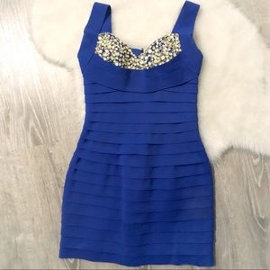 SHERRI HILL Blue Jewel Sweetheart Bandage Dress 0